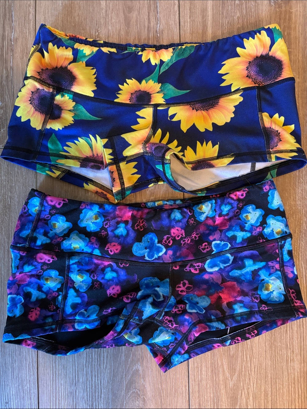 Fleo Sunflower & Watercolor Floral FLEO Active Shorts - Blue, Yellow, Pink
